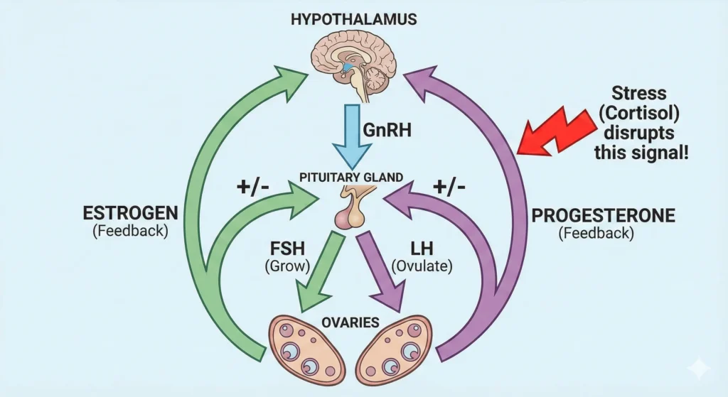 Scientific diagram showing the HPO Axis feedback loop between the Hypothalamus, Pituitary gland, and Ovaries, illustrating the flow of GnRH, FSH, LH, Estrogen, and Progesterone.