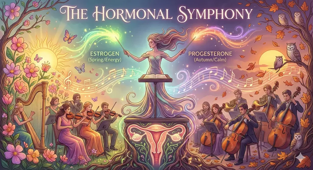Illustration of a female conductor directing a hormonal symphony, with Estrogen representing spring energy and Progesterone representing autumn calm.