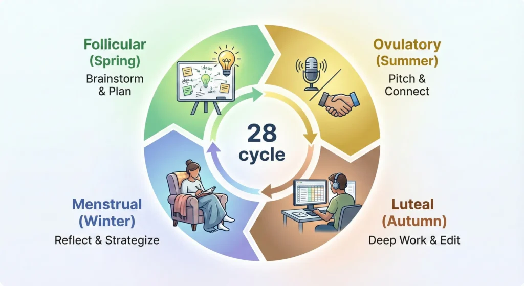 Infographic showing different types of work tasks recommended for each of the four phases of the menstrual cycle
