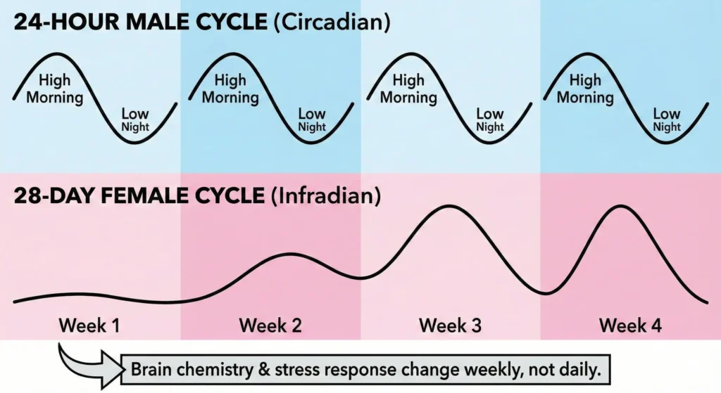 Diagram comparing the repetitive 24-hour male hormone cycle with the complex 28-day female Infradian Rhythm