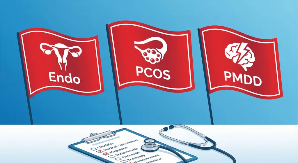 Illustration of three red flags representing Endometriosis, PCOS, and PMDD symptoms