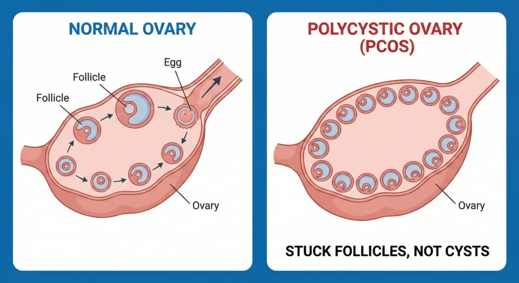 Medical diagram comparing a normal ovary with a polycystic ovary showing immature follicles