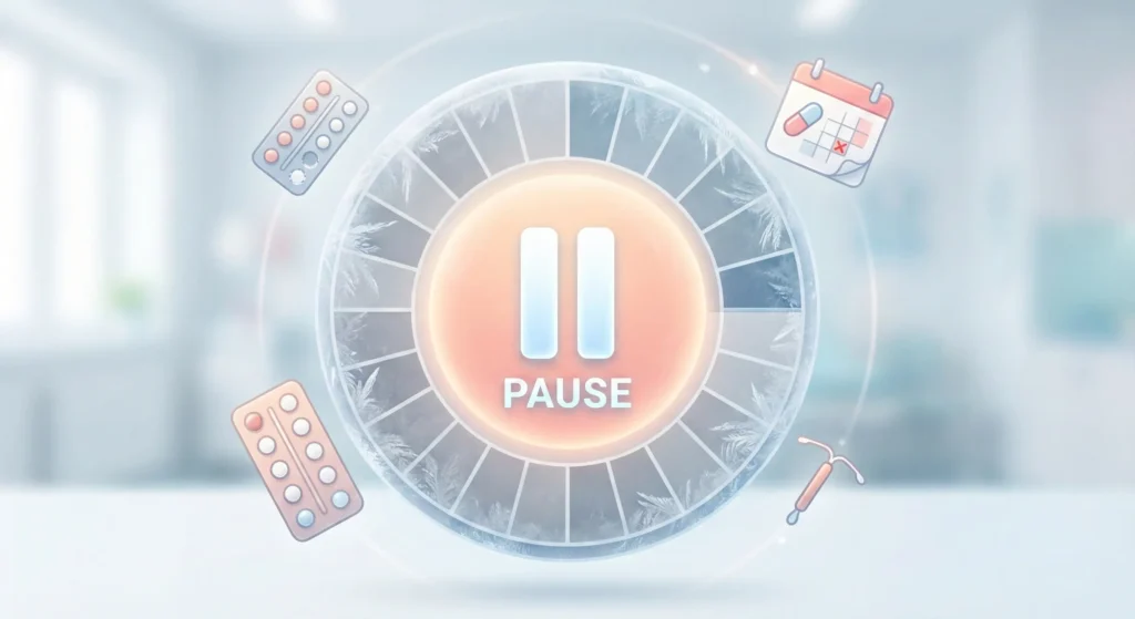 Illustration representing hormonal birth control as a pause button for the menstrual cycle