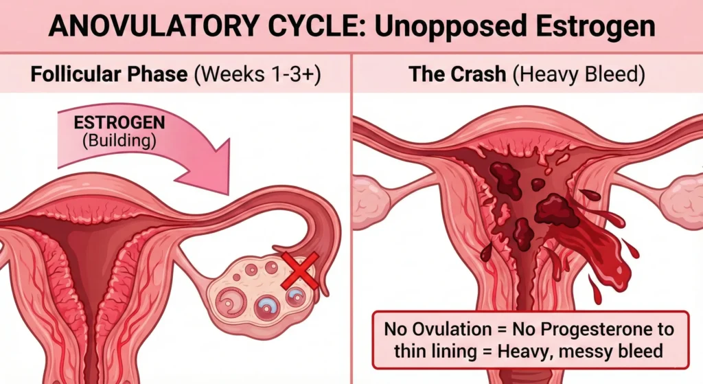 Diagram explaining an anovulatory cycle, where lack of ovulation leads to unopposed estrogen, a thick uterine lining, and heavy bleeding