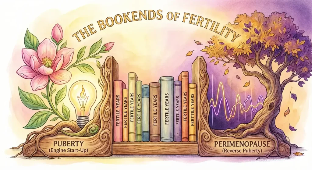 Illustration showing Puberty and Perimenopause as the "Bookends of Fertility" with the fertile years in between