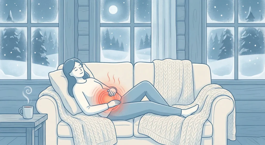 Illustration of a woman resting during her Menstrual Phase, representing Inner Winter