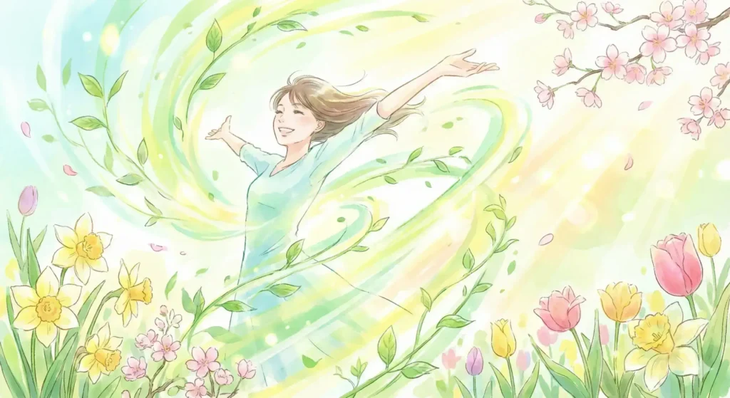 Illustration of a woman surrounded by spring elements, representing Follicular Phase energy