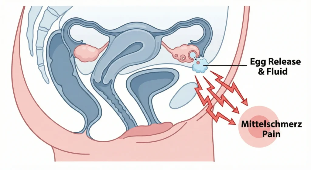 Medical diagram showing ovulation pain (Mittelschmerz) caused by follicle rupture