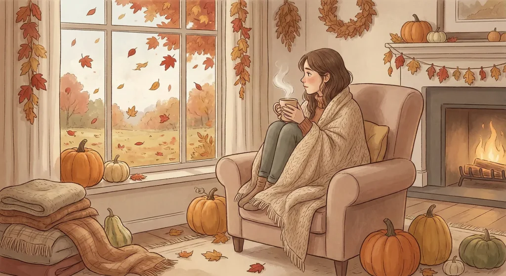 Illustration of a woman in a cozy autumn setting during her Luteal Phase, representing Inner Autumn
