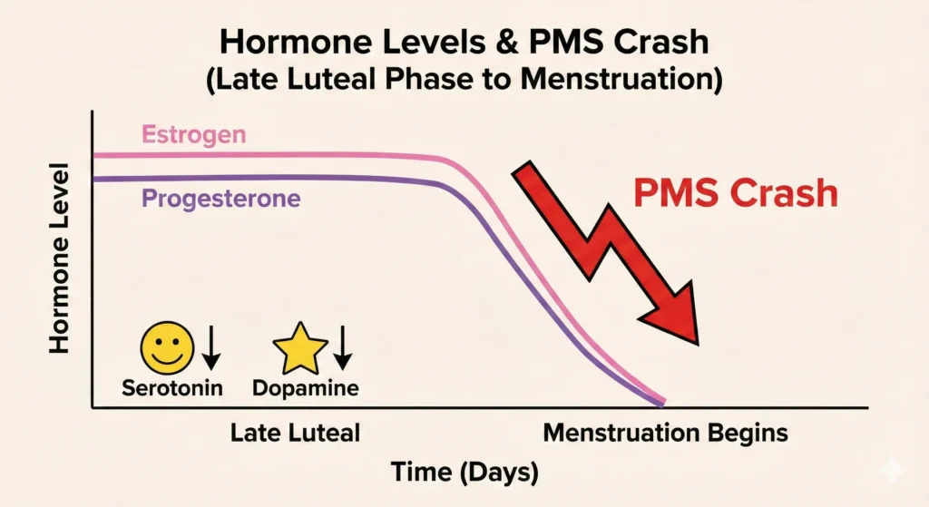 Graph showing the sudden drop in estrogen and progesterone that triggers PMS symptoms