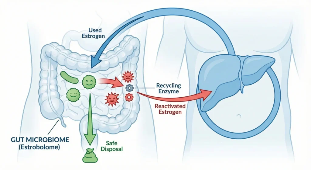 Diagram illustrating how the gut microbiome (Estrobolome) metabolizes estrogen or recycles it back into the body