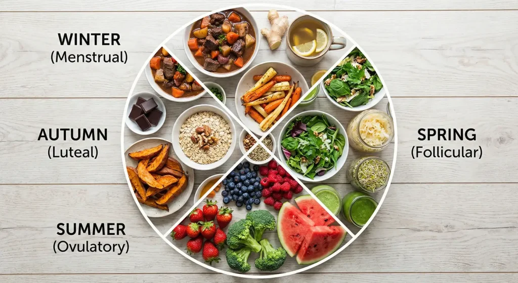 Flat lay illustration showing different foods recommended for the four phases of the menstrual cycle