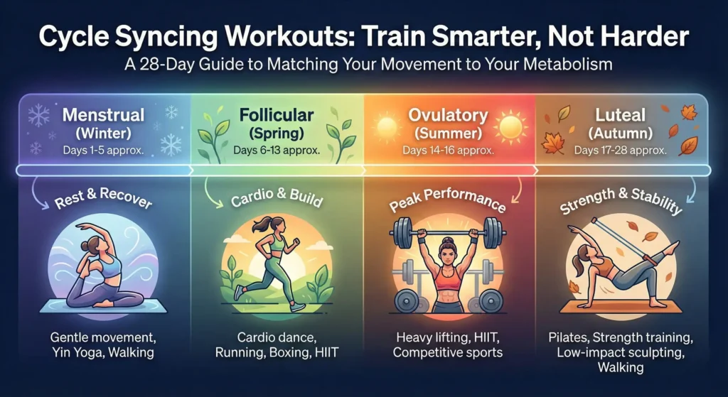 Infographic showing different types of exercise recommended for each of the four phases of the menstrual cycle