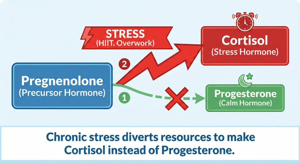 Diagram explaining the Cortisol Steal, showing how stress diverts hormone production away from progesterone and towards cortisol