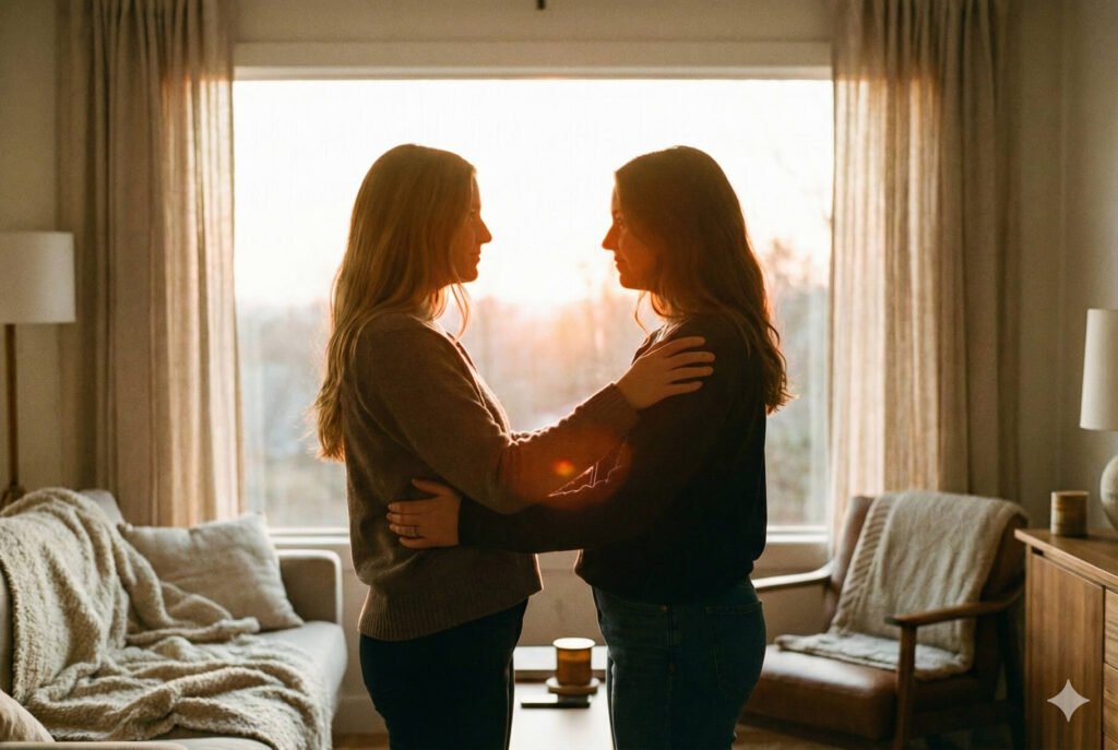 A woman sitting comfortably on a couch, holding a warm mug while wrapped in a soft blanket - a cozy moment of self-care during her cycle.