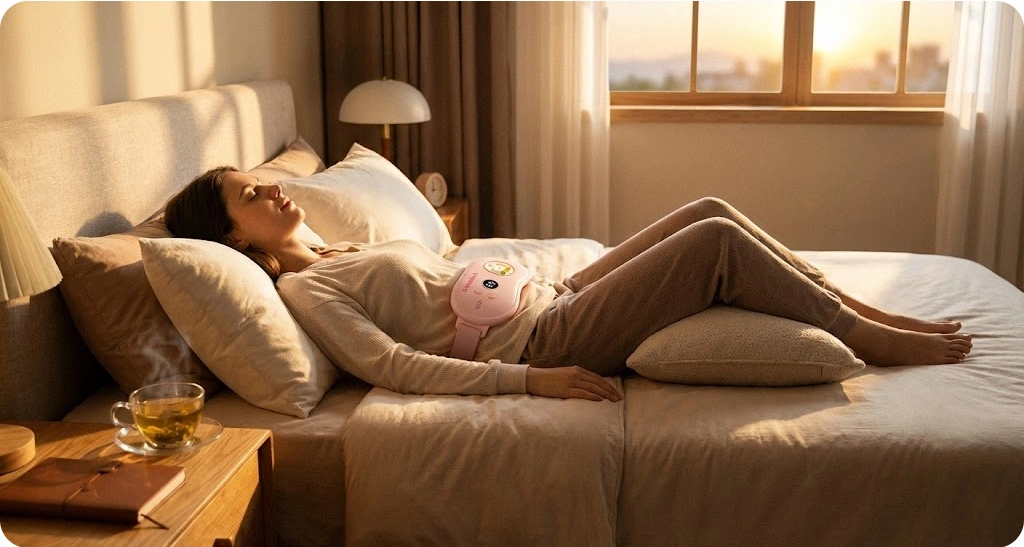 Cozy flat-lay of Snnugle heating pad on bed sheets with yoga socks and a journal illustrating period