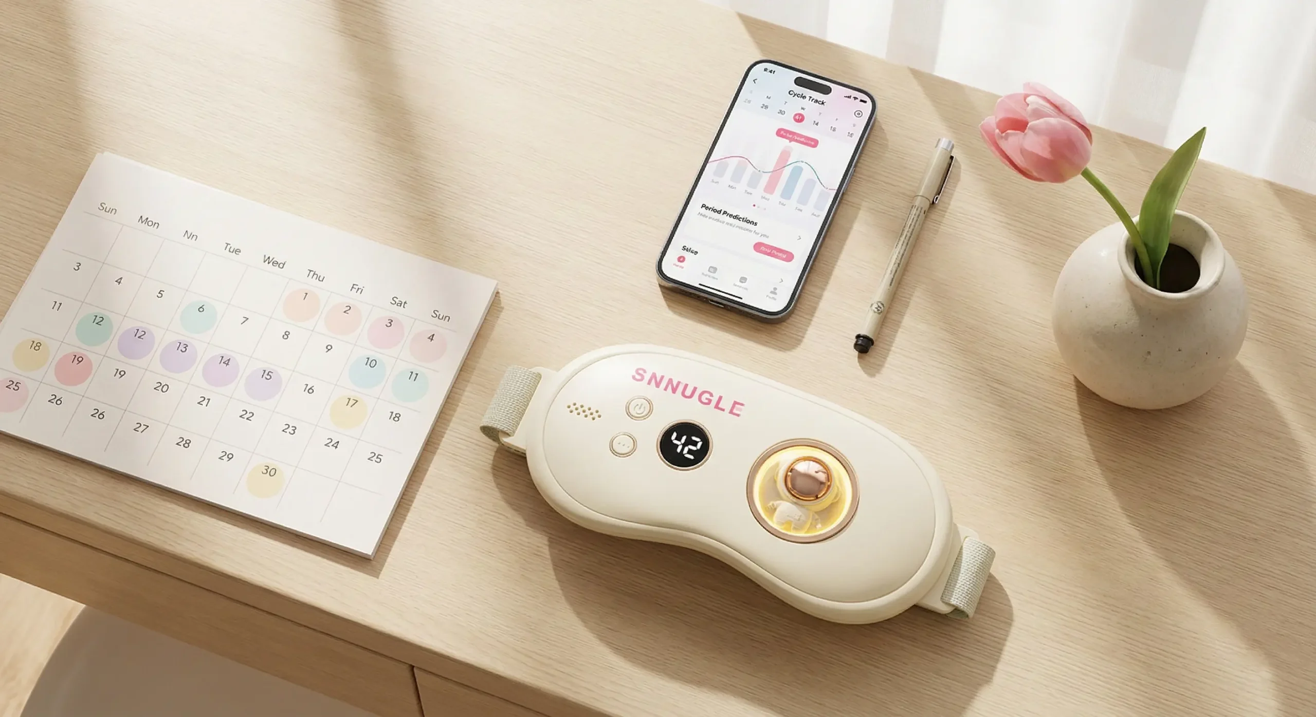 Aesthetic flat-lay featuring a cycle-tracking app, a paper calendar, and a Snnugle warmer for proactive pain management.