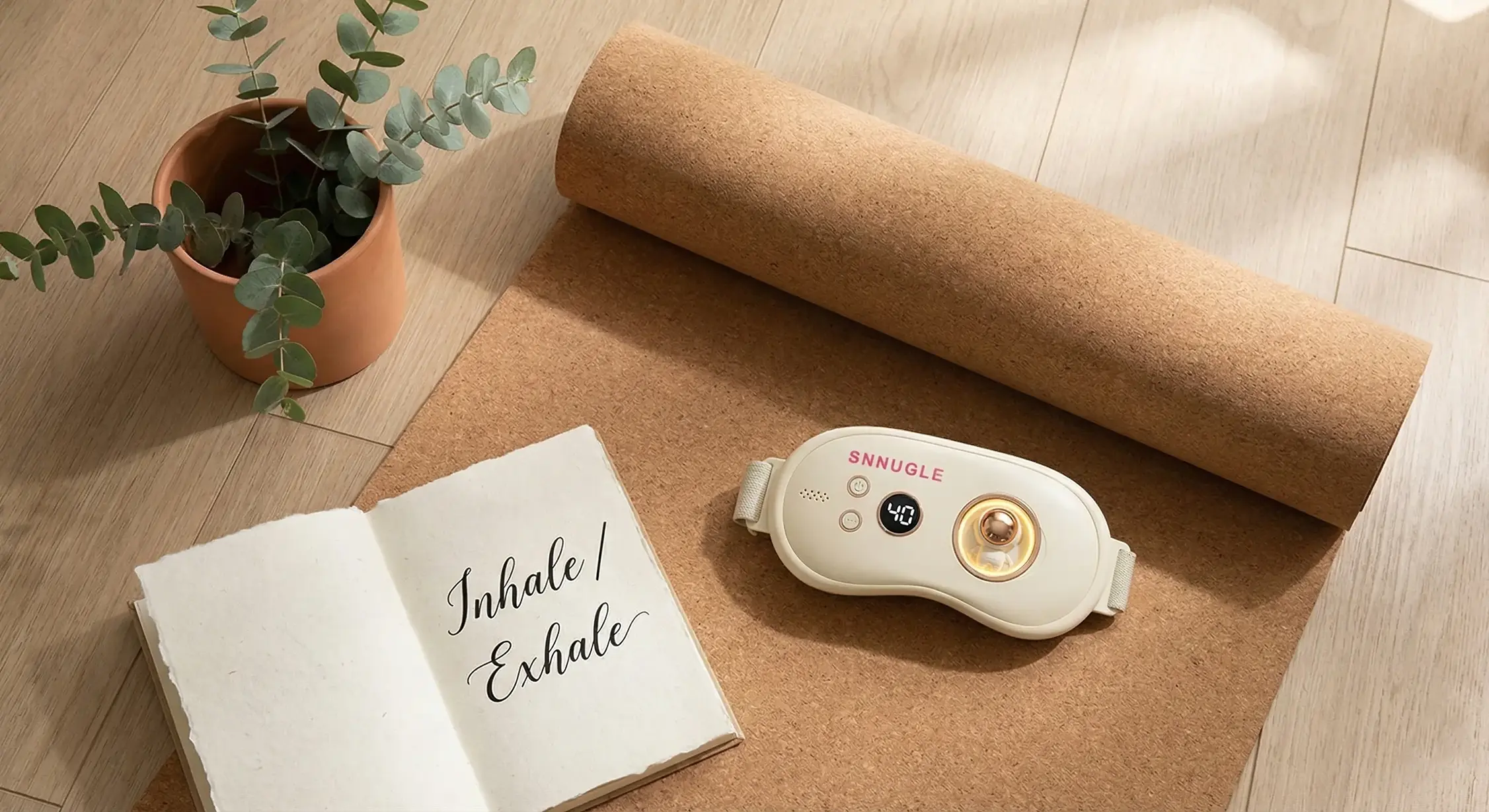 Aesthetic flat-lay with yoga mat, journal, and Snnugle warmer, illustrating a guided breathing session for period pain relief.