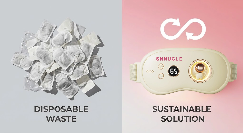 Comparison of wasteful disposable heat patches versus a sustainable reusable Snnugle smart warmer.