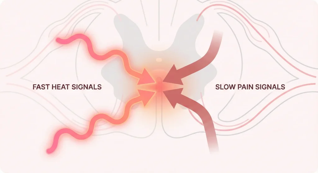 Diagram illustrating the Gate Control Theory, showing how heat signals block period pain signals at the spinal cord.
