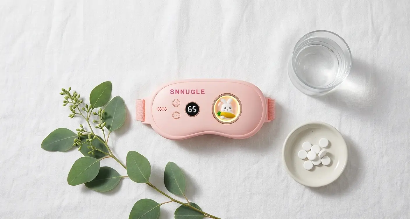 An aesthetic flat-lay of the Snnugle warmer, illustrating safe heat therapy practices and contraindications.