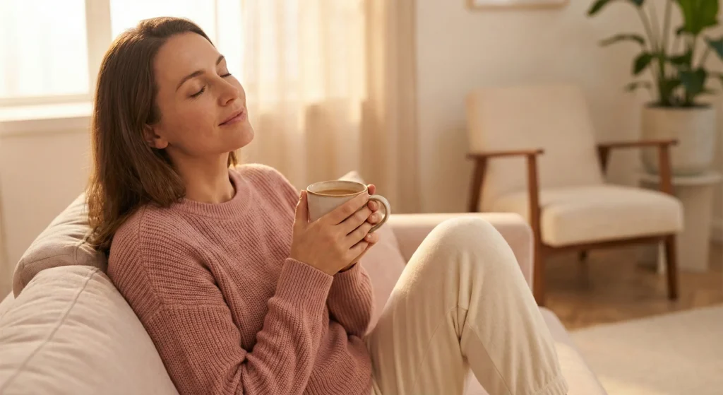 Woman experiencing relief from heat therapy for period cramps, illustrating the science of vasodilation.