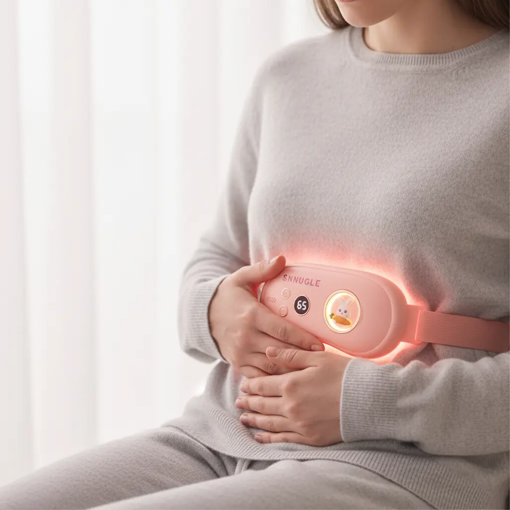 A woman using a portable Snnugle Warmer for period pain relief while relaxing on a couch。