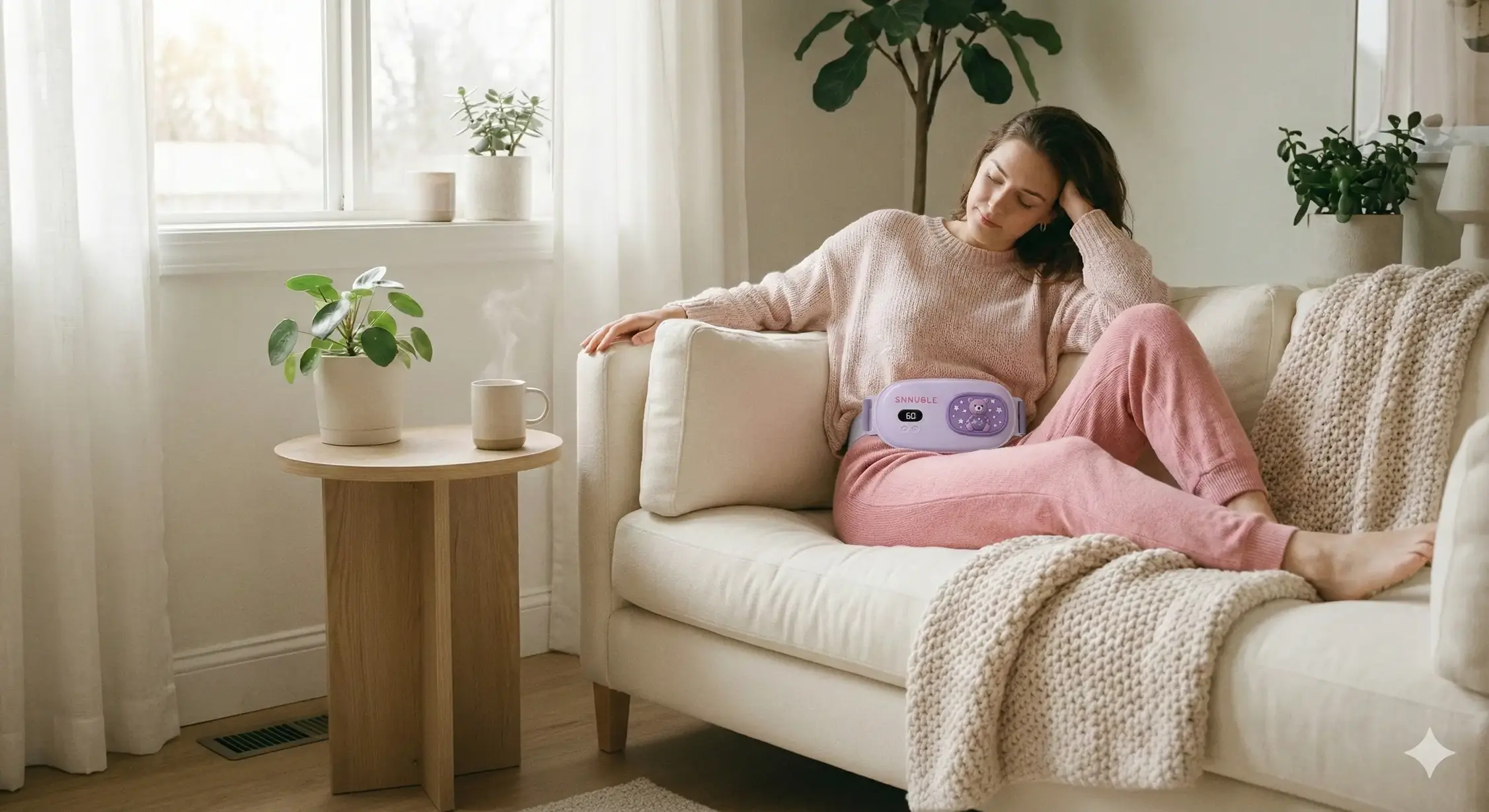 A woman using a portable Snnugle Warmer for period pain relief while relaxing on a couch.