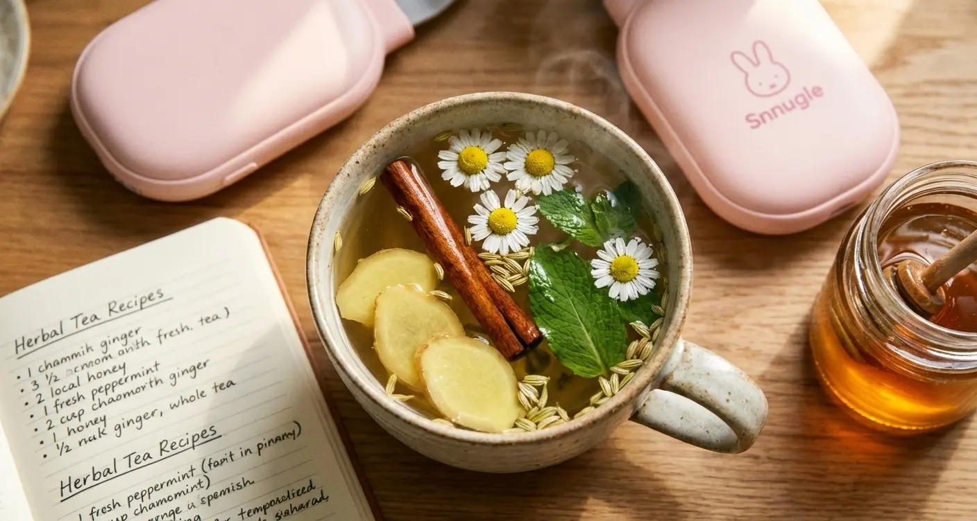 Cozy flat-lay of Snnugle heating pad surrounded by herbal tea ingredients like ginger and chamomile for period comfort.
