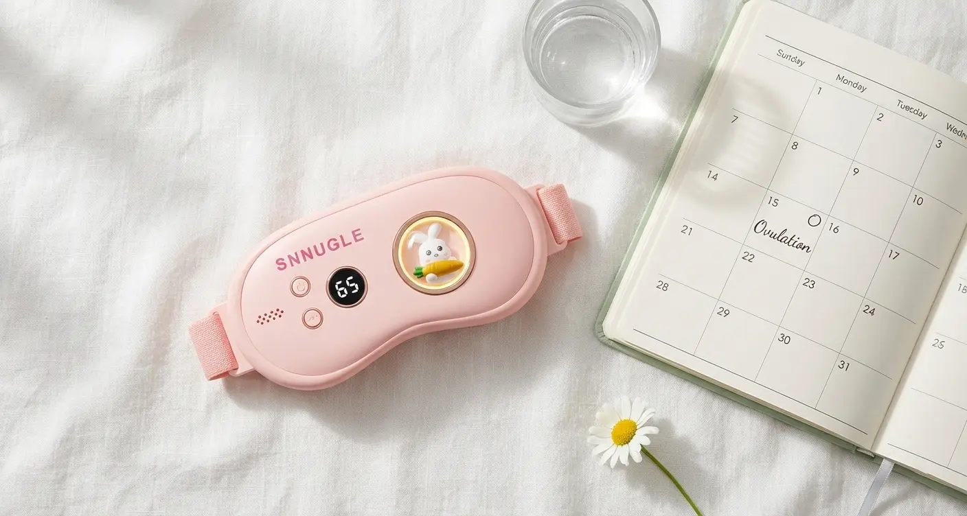 An aesthetic flat-lay showing Snnugle warmer and an ovulation calendar, illustrating Mittelschmerz relief.