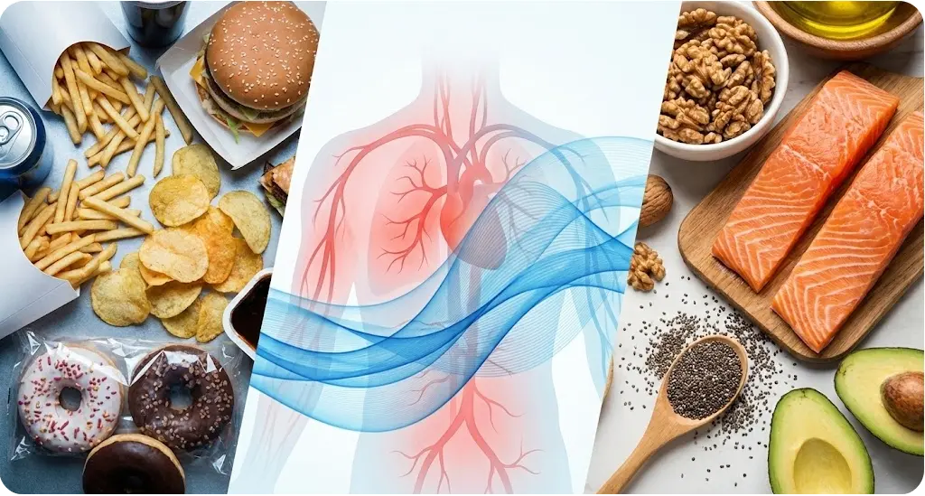 Aesthetic flat-lay showing healthy Omega-3 foods contrasted with processed Omega-6 foods, bridged by the Snnugle warmer.