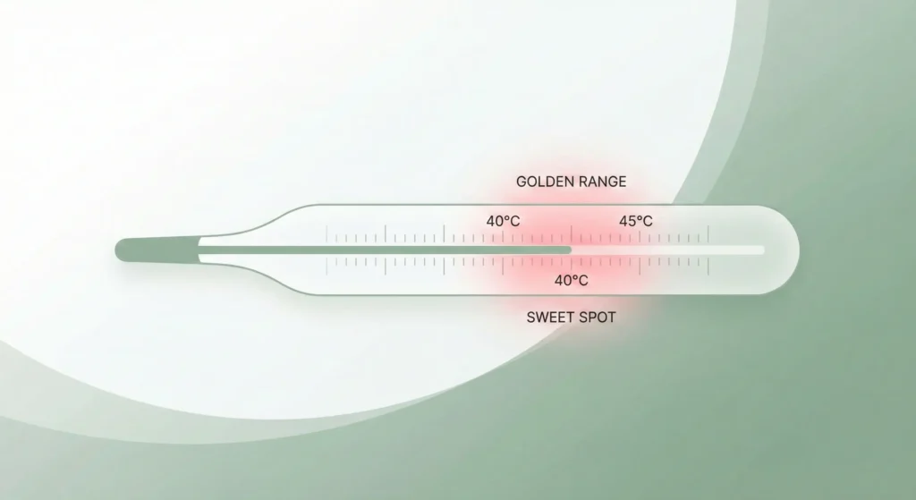 Thermometer highlighting the optimal 40-45 degree celsius range for period pain relief and safety.