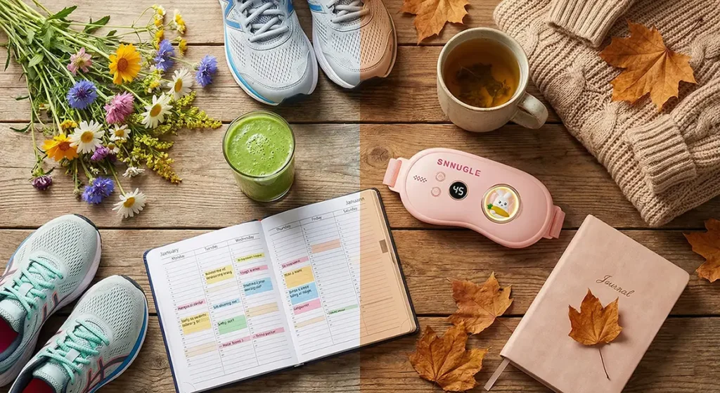Aesthetic flat-lay contrasting the high energy of ovulation tools with the cozy, restorative items for the luteal phase, including a Snnugle warmer.