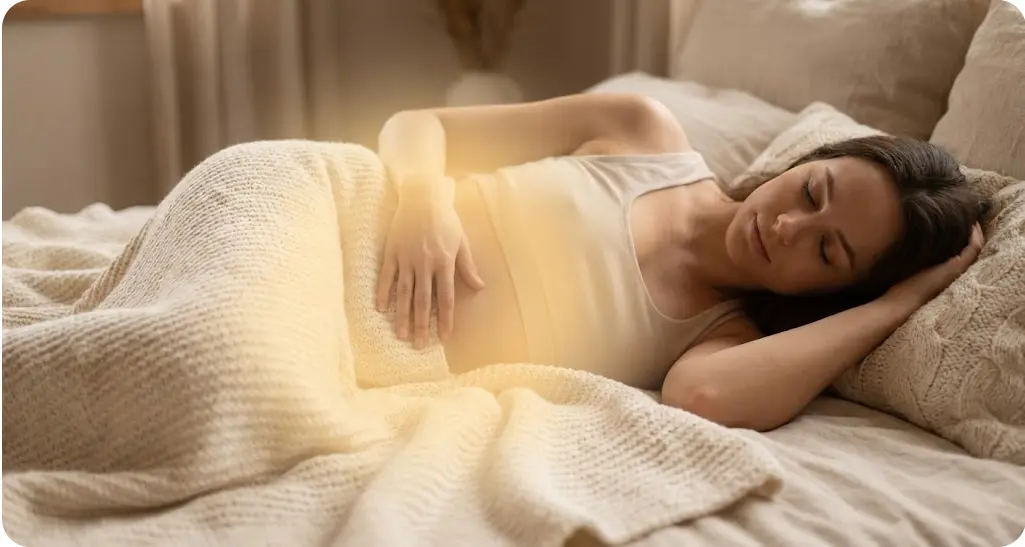 Aesthetic flat-lay showing pelvic relaxation tools, a yoga bolster, and a Snnugle warmer for period comfort.