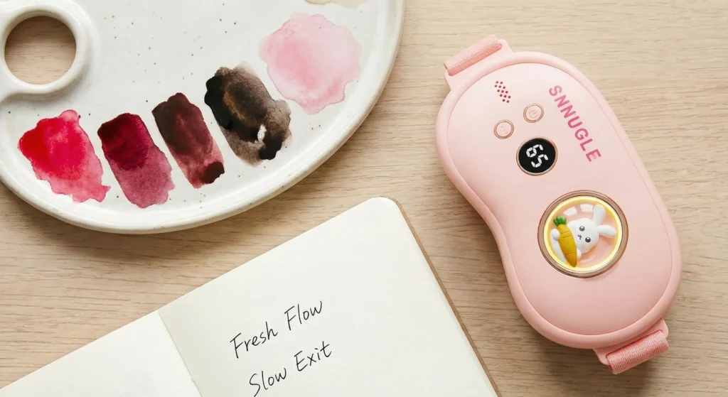 Aesthetic flat-lay concept showing a period blood color chart and a Snnugle warmer, educating on menstrual health.