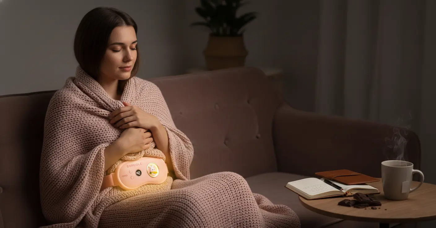 Aesthetic self-care flat-lay featuring dark chocolate, a candle, and a Snnugle warmer for PMS emotional relief.