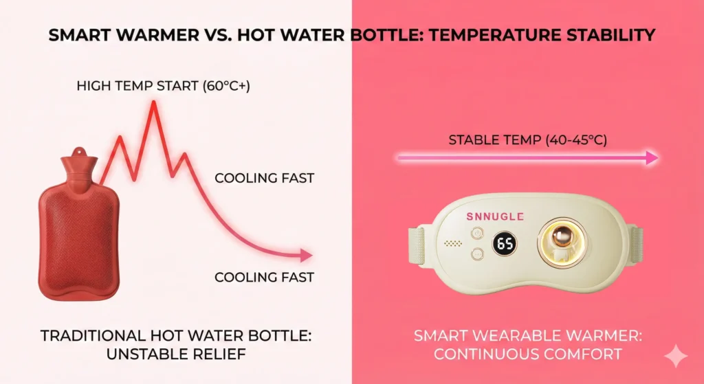 Comparison graph showing temperature stability of smart warmer vs hot water bottle for period pain relief.