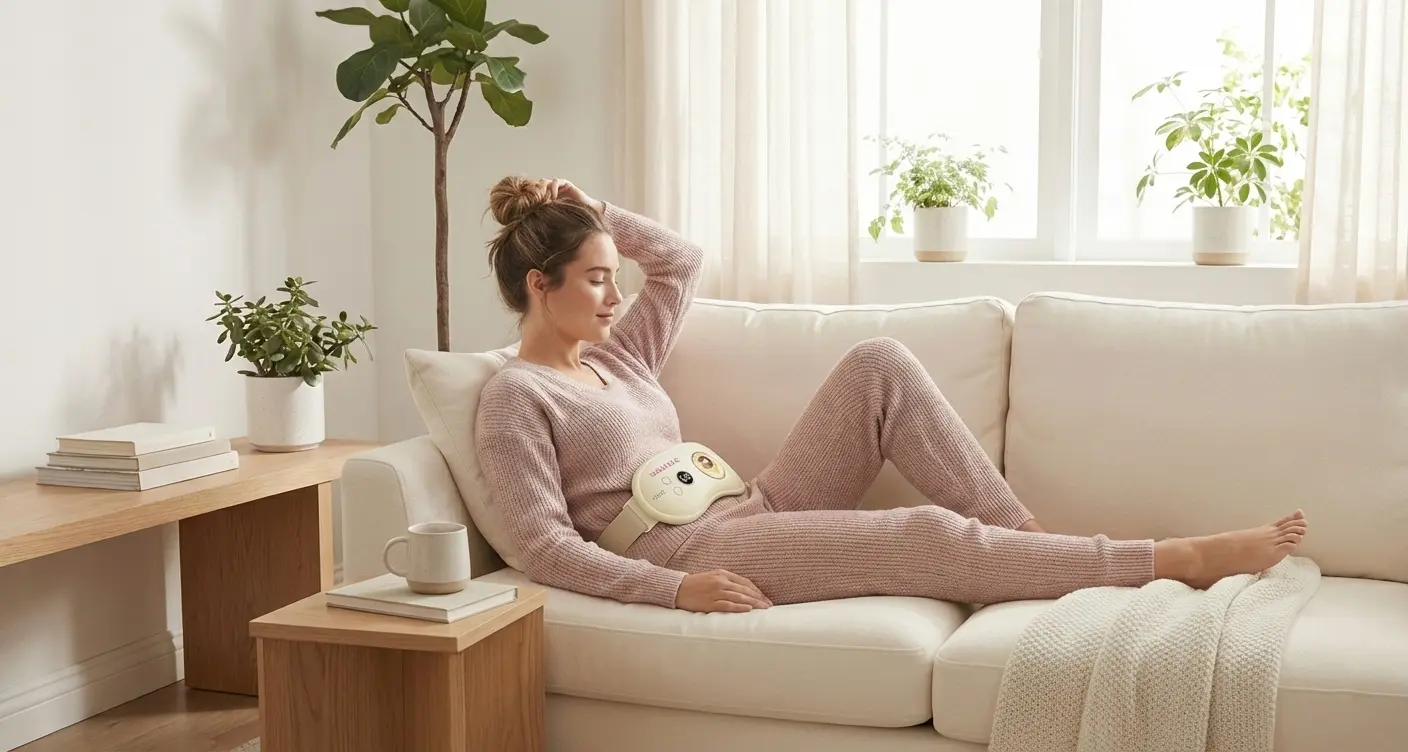 A woman using a safe, consistent Snnugle warmer to prevent toasted skin syndrome while relieving cramps.