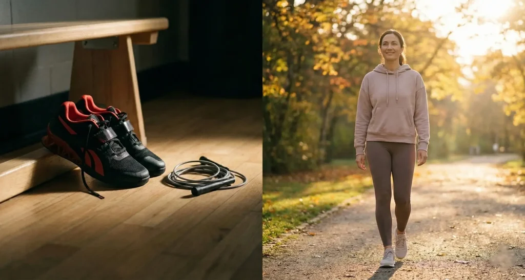 Aesthetic flat-lay contrasting intense workout gear with gentle period exercise alternatives including a Snnugle warmer.