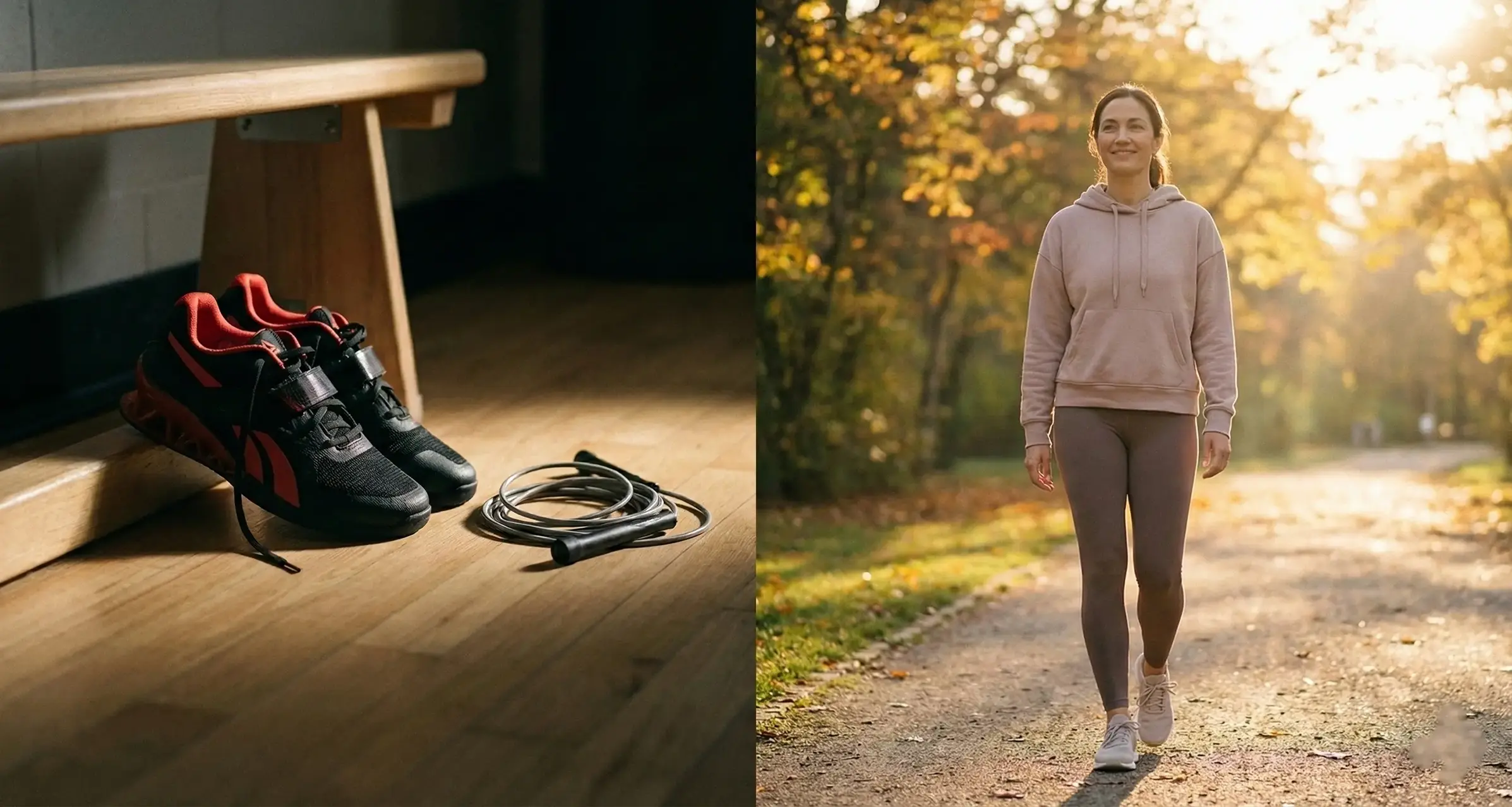 Aesthetic flat-lay contrasting intense workout gear with gentle period exercise alternatives including a Snnugle warmer.