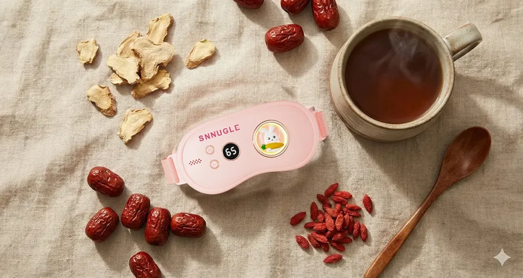 An aesthetic flat-lay representing daily womb warming care with Snnugle and traditional herbal elements.