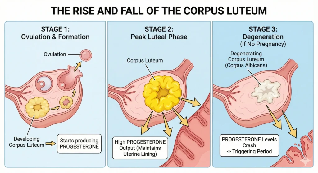 A scientific diagram showing the lifecycle of the Corpus Luteum: its formation after ovulation, its peak progesterone production to maintain the uterine lining, and its degeneration (Corpus Albicans) which triggers the drop in progesterone and the start of the period.