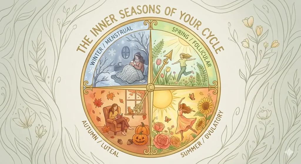 Illustration depicting the four phases of the menstrual cycle as a compass with four quadrants, representing the Inner Winter (Menstrual), Inner Spring (Follicular), Inner Summer (Ovulatory), and Inner Autumn (Luteal) seasons.