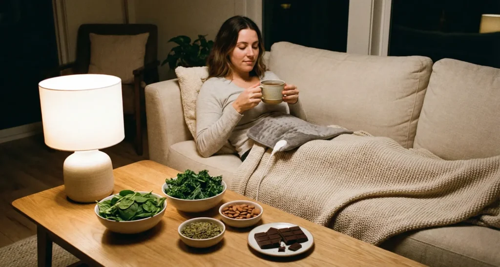 A variety of colorful, whole foods like dark leafy greens, nuts, and dark chocolate arranged beautifully on a kitchen table.