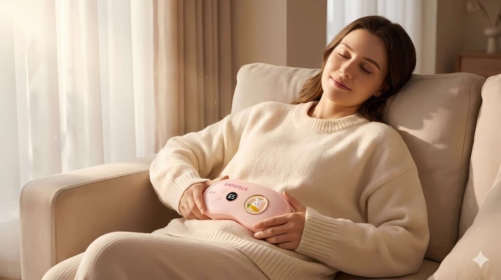 A woman comfortably resting at home with a warm wrap, embracing a moment of personal comfort.